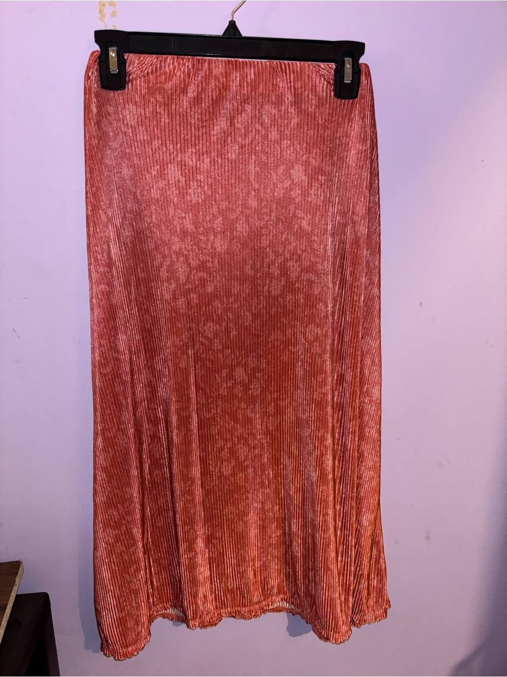 love, Fire Ribbed Velvet Midi Skirt in Coral Pink